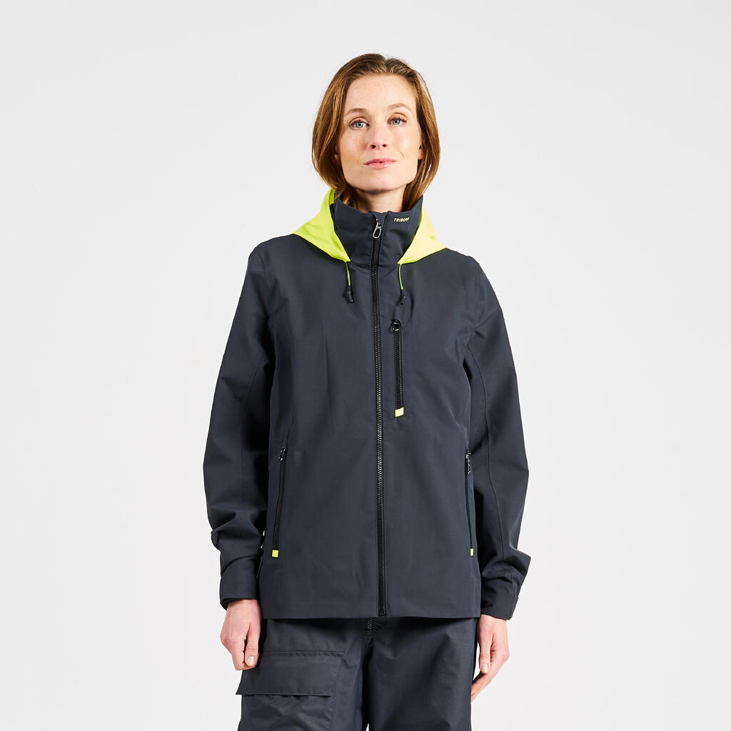 Women's sailing waterproof windproof jacket SAILING 300 - Dark grey Yellow hood